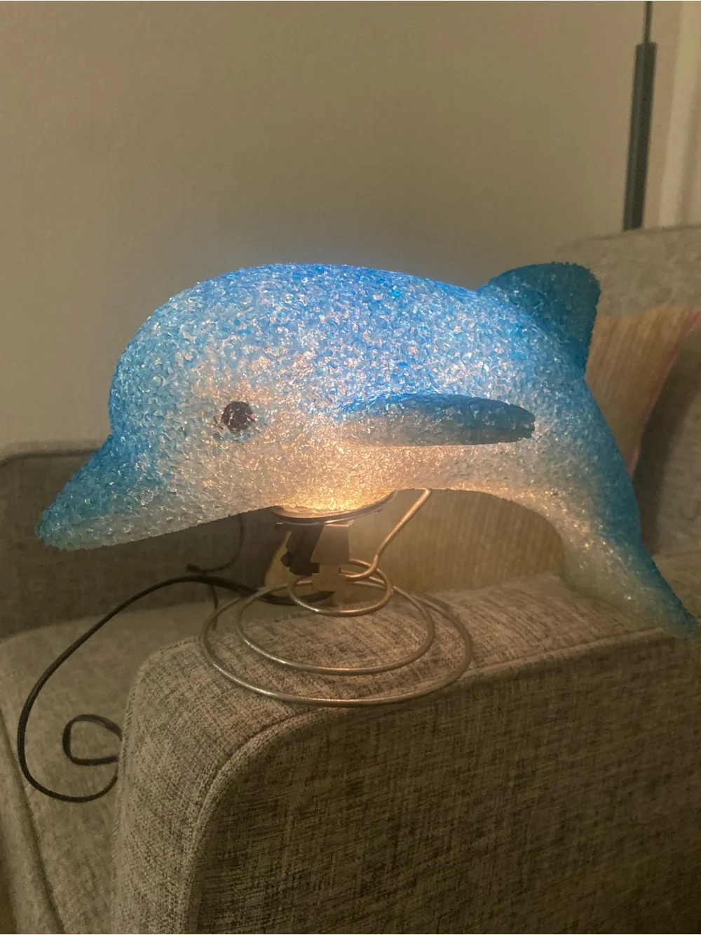Vintage Dolphin Night Light Lamp Blue/White Corded Metal Spiral Base Y2K 90s kid